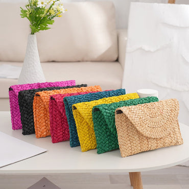Fashion Beach Purse Women Summer Beach Bag Envelope Woven Clutch Solid Color Large Capacity Storage Bag Corn Husk Straw Hand Bag