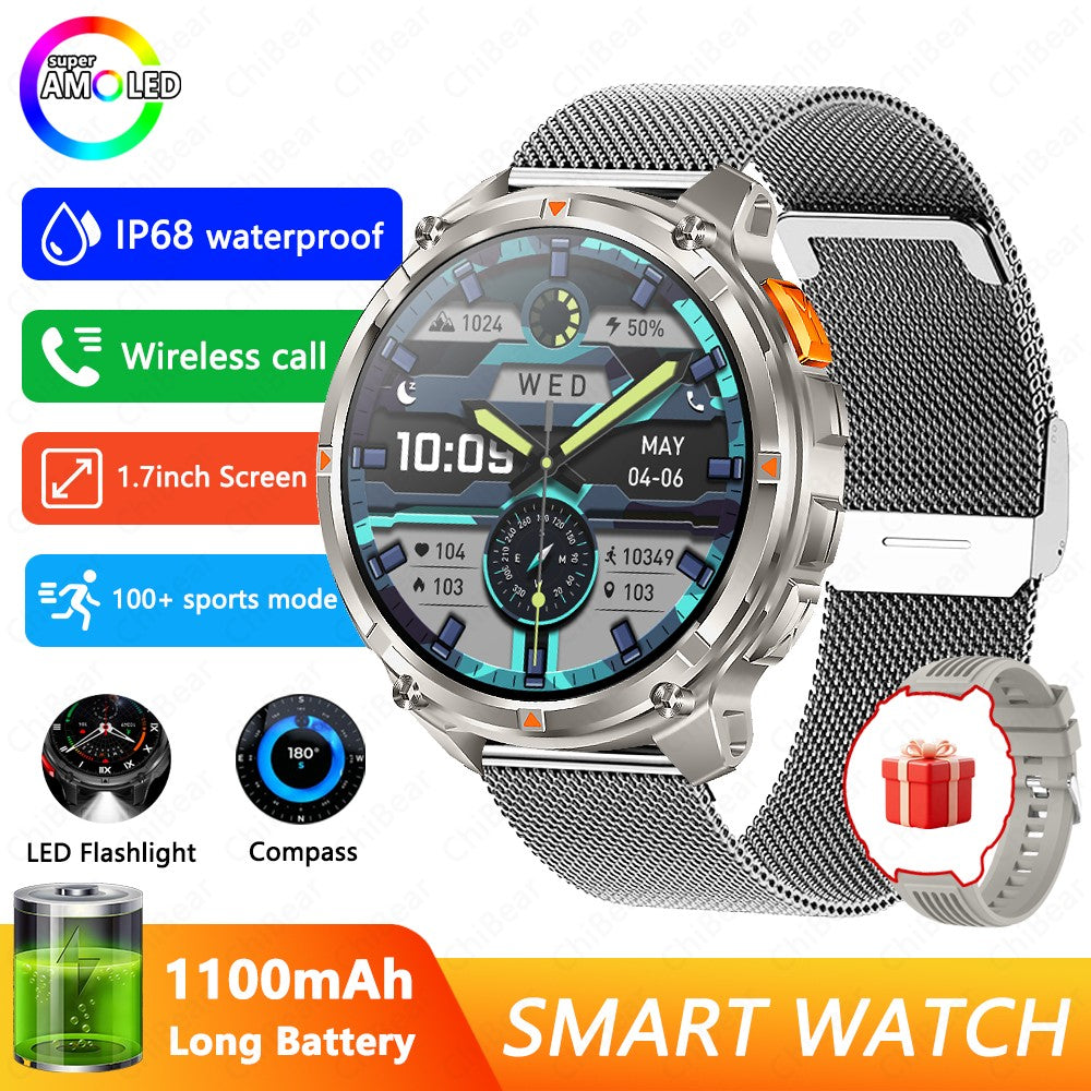 Relógio Inteligente Militar para Homens, Bateria de 1100mAh, Bússola, Monitor de Fitness, Tela AMOLED HD, Chamada BT, Smartwatch para Android IOS