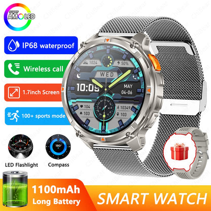 Relógio Inteligente Militar para Homens, Bateria de 1100mAh, Bússola, Monitor de Fitness, Tela AMOLED HD, Chamada BT, Smartwatch para Android IOS