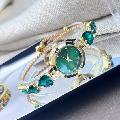 Ladies' quartz watch with three heart-shaped diamond-encrusted bracelet round alloy case and mixed scale simple light luxury