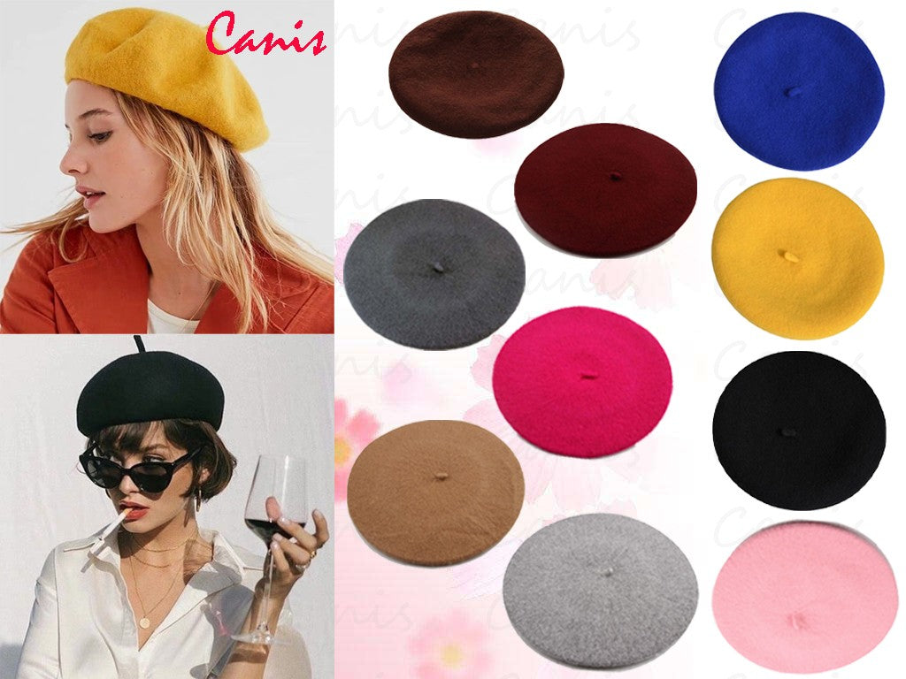 Boina de lã sintética quente de inverno feminina meninas artista francesa gorro chapéu vermelho preto roxo bege laranja Kawaii bonés de topo plano aquecedores