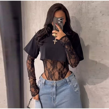 Women Crop Top Sheer Lace Bodysuit Short-Sleeve Layered 2025 Fashion Summer Sexy Outfit Trendy Party Chic Edgy Hot Lady Vestido