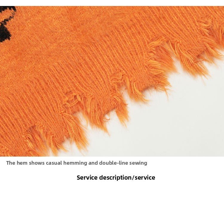 KKyesiou Dopane Orange Knitted Sweater loween Design Men Women Retro American Sle Couple's Long Sve Casual Loose Fit