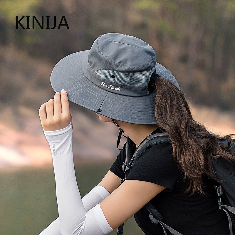 Women Ponytail Fisherman Hat Waterproof Sun Cap Pure Color Outdoor Travel Fishing Climbing Hiking Large Brim Bucket Hat undefine