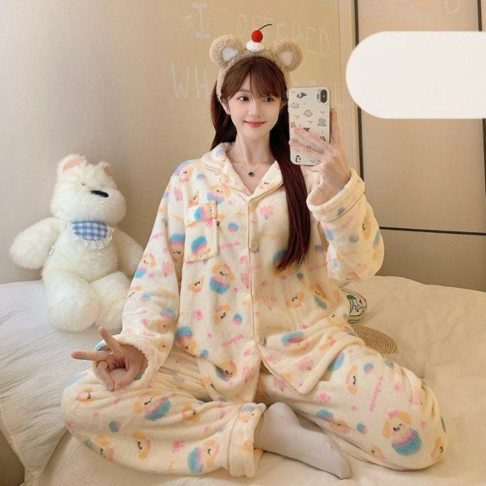 Autumn Winter New Pajamas Lapel Neck Long Sleeve Colourful Dot Print Warm Sleepwear Thick Casual Pajamas Coral Fleece Two-Piece