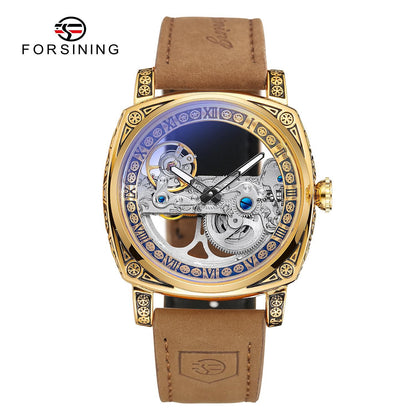 FORSINING High-end Luxury Gold Skeleton Mechanical Man Watch Automatic Movement Clock Stainless Steel Male Bronze Wrist Watches