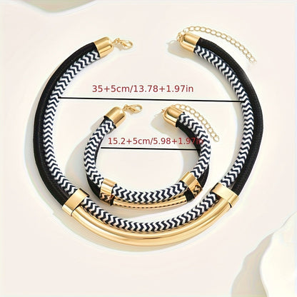 Conjunto 2 Peças Novo Colar e Pulseira de Metal Tubo Duplo Grosso Preto e Branco Estilo Hip-Hop Exagerado Para Uso Diário