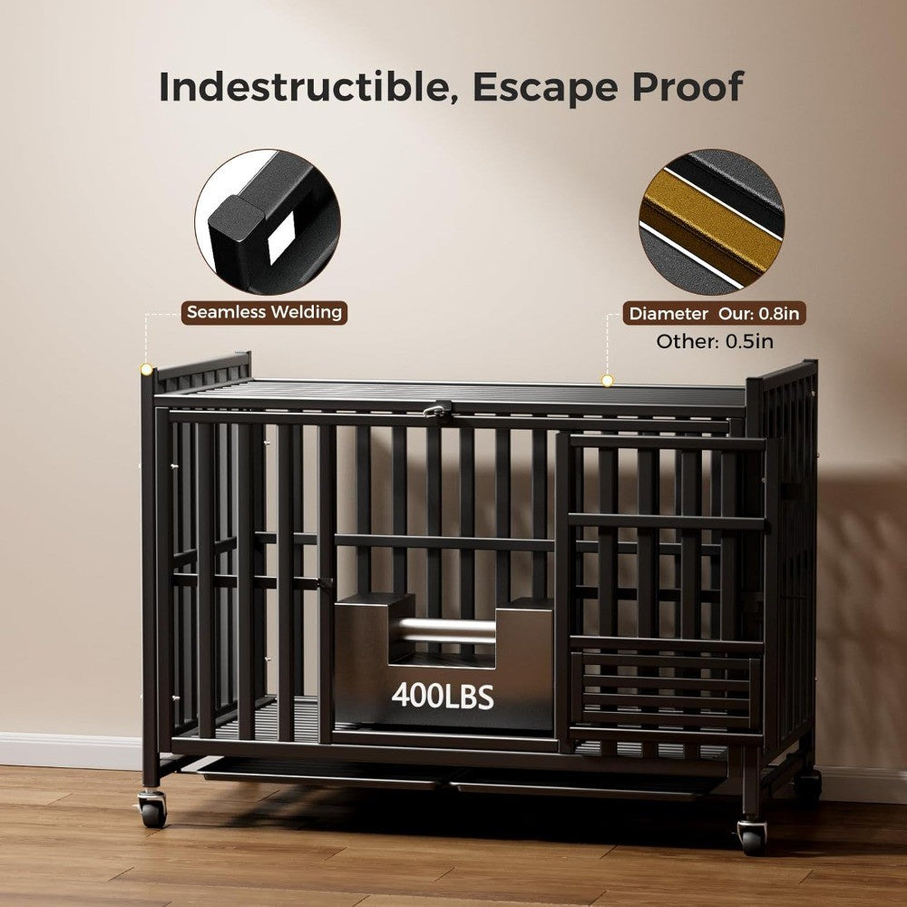 Heavy Duty Dog Crate, Escape-Proof Indestructible Cage for High-Anxiety Dogs, 3-Door Kennel with 4 Lockable Wheels