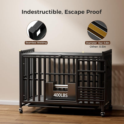 Heavy Duty Dog Crate, Escape-Proof Indestructible Cage for High-Anxiety Dogs, 3-Door Kennel with 4 Lockable Wheels