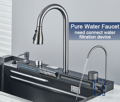 304 Stainless Steel Kitchen Sink with Digital Display Waterfall Faucet, Multifunctional 75*45cm Large Single Slot Whale Sink