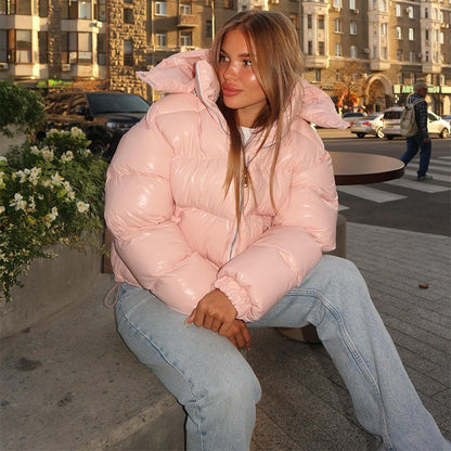 Fashion Glossy Padded Jacket Women's Solid Turtleneck Long Sleeve Warm Down Coat 2025 Autumn Winter New Lady Casual Outerwear