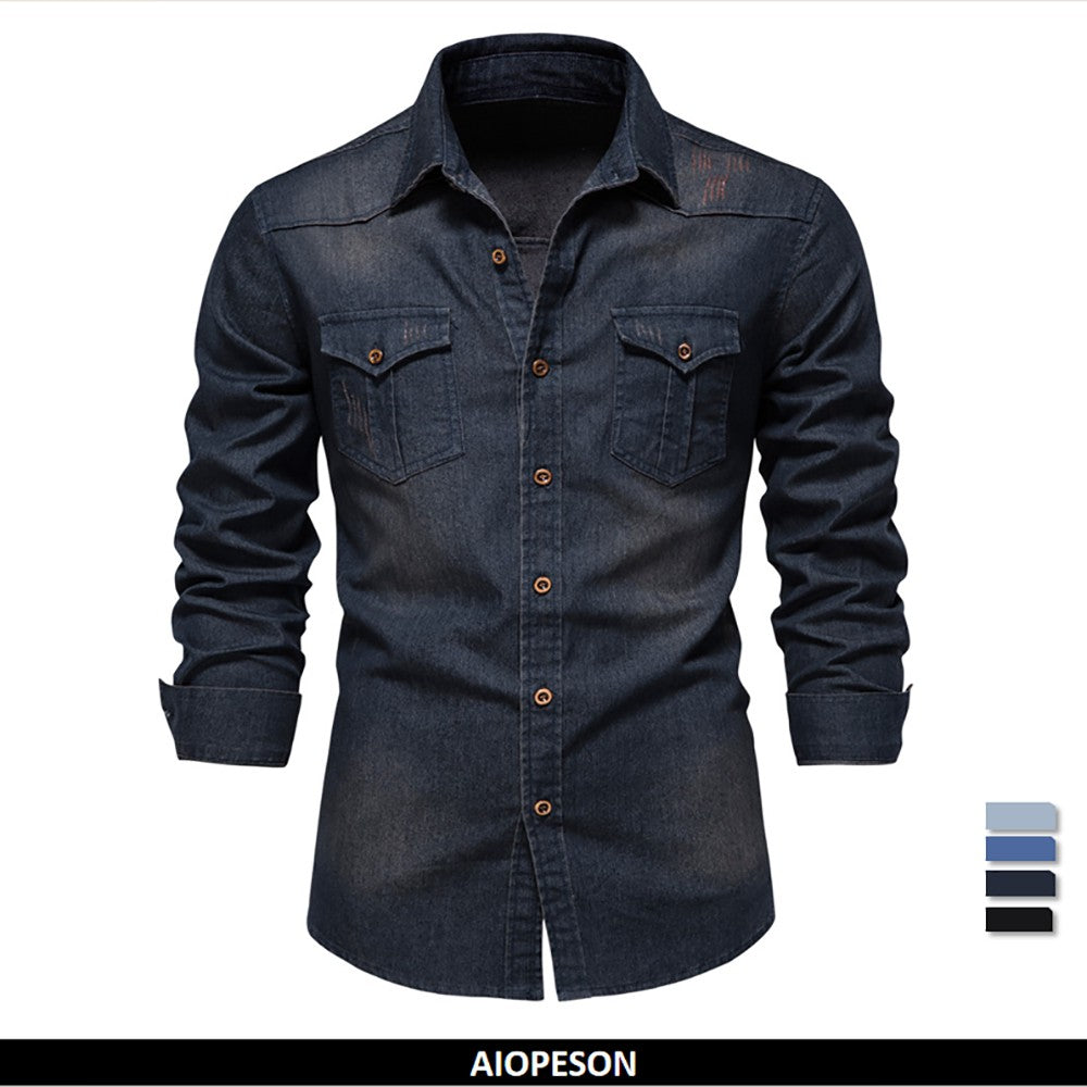 AIOPESON Elastic Cotton Denim Shirt Men Long Sleeve Quality Cowboy Shirts for Men Casual Slim Fit Jeans Men Shirts