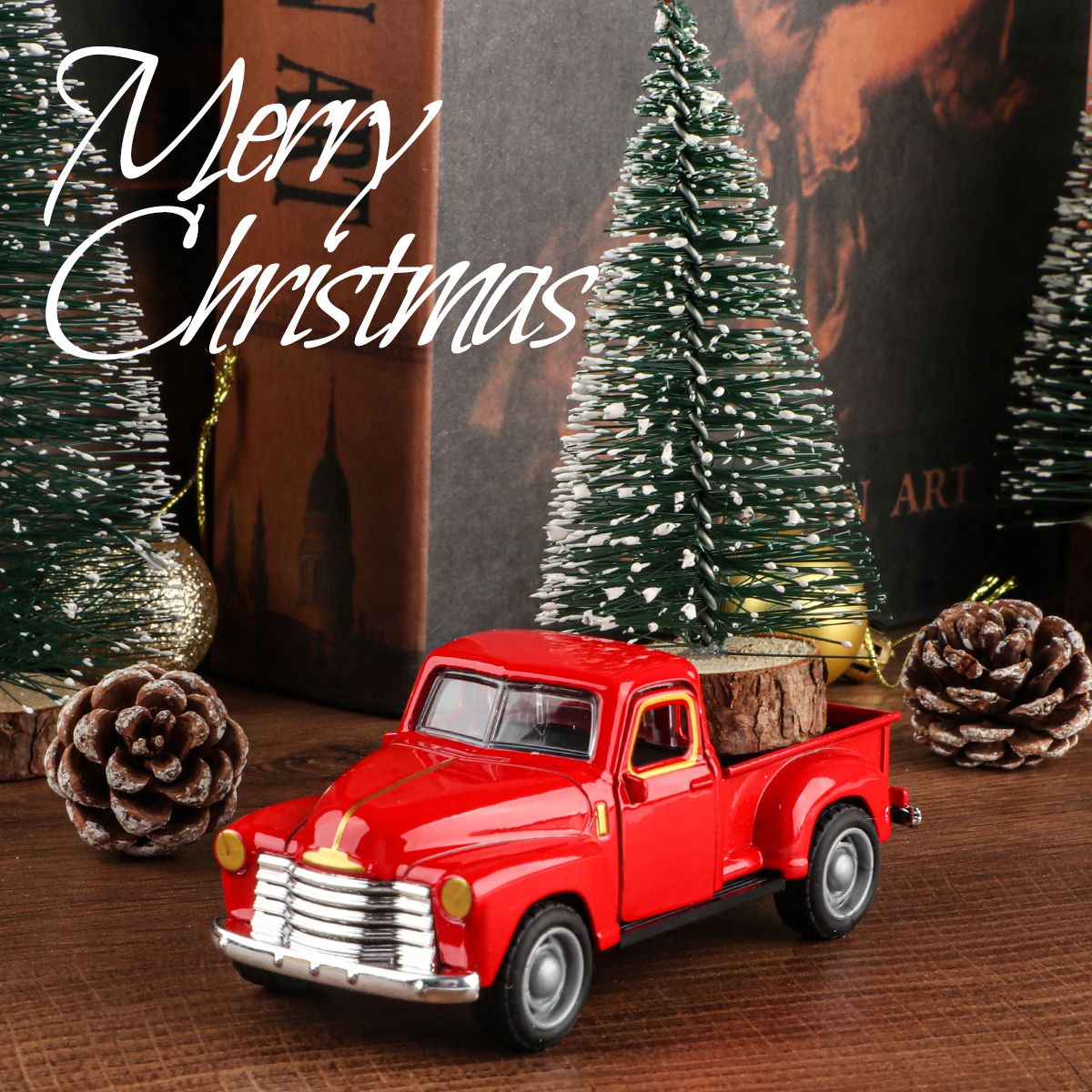 Mini truck+Christmas tree 2-piece ornament set; a good thing for home atmosphere decoration; living room and office desk ornamen
