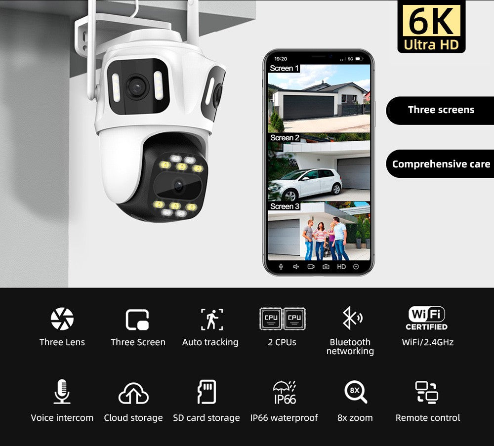 KERUI Icsee Outdoor PTZ 6K WIFI IP Camera Home Security Triple Lens Camera CCTV Video Surveillance With Triple Screens