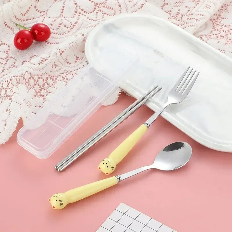 Talheres Portáteis de Desenho Animado com Estojo Utensílios de Cozinha Reutilizáveis Talheres Incluem Garfo Colher para Crianças