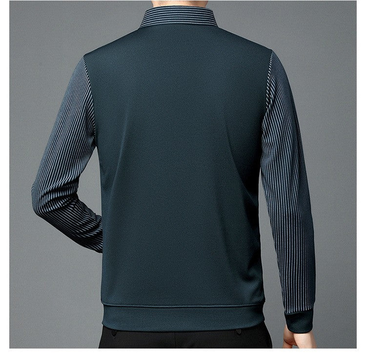 Fashion Fake Two-piece Men Long Sleeve Shirt Stripe Splice Lapel Loose Casual Pullover Tops 2025 Male Formal Business Polo Shirt