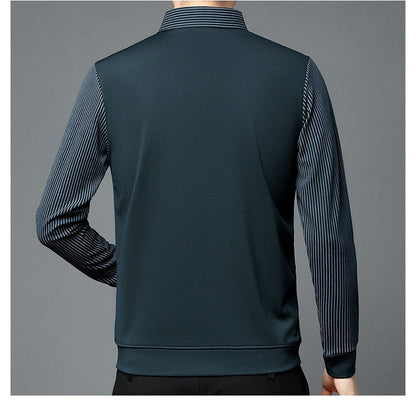 Fashion Fake Two-piece Men Long Sleeve Shirt Stripe Splice Lapel Loose Casual Pullover Tops 2025 Male Formal Business Polo Shirt
