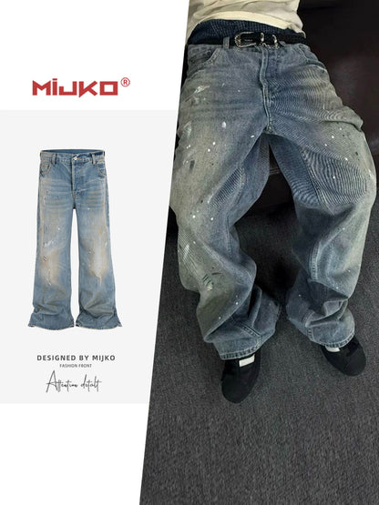 MIJKO Tie Dye Splatter Paint Denim Jeans Men's Loose Wide Leg Jeans American TJ131