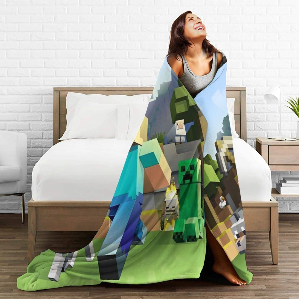 Cartoon Mines Pixel Game Crafts Flannel Blanket Super Warm Throw Blanket for Home Decor Decorative Street Trend Bedspread