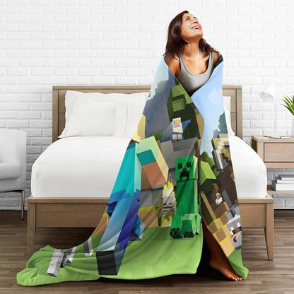 Cartoon Mines Pixel Game Crafts Flannel Blanket Super Warm Throw Blanket for Home Decor Decorative Street Trend Bedspread