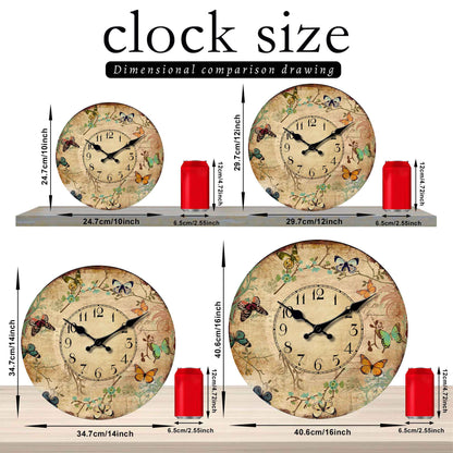 1pc 10-16inch wooden wall clock, retro flower and colorful butterfly design wall clock, silent clock, suitable for living room b