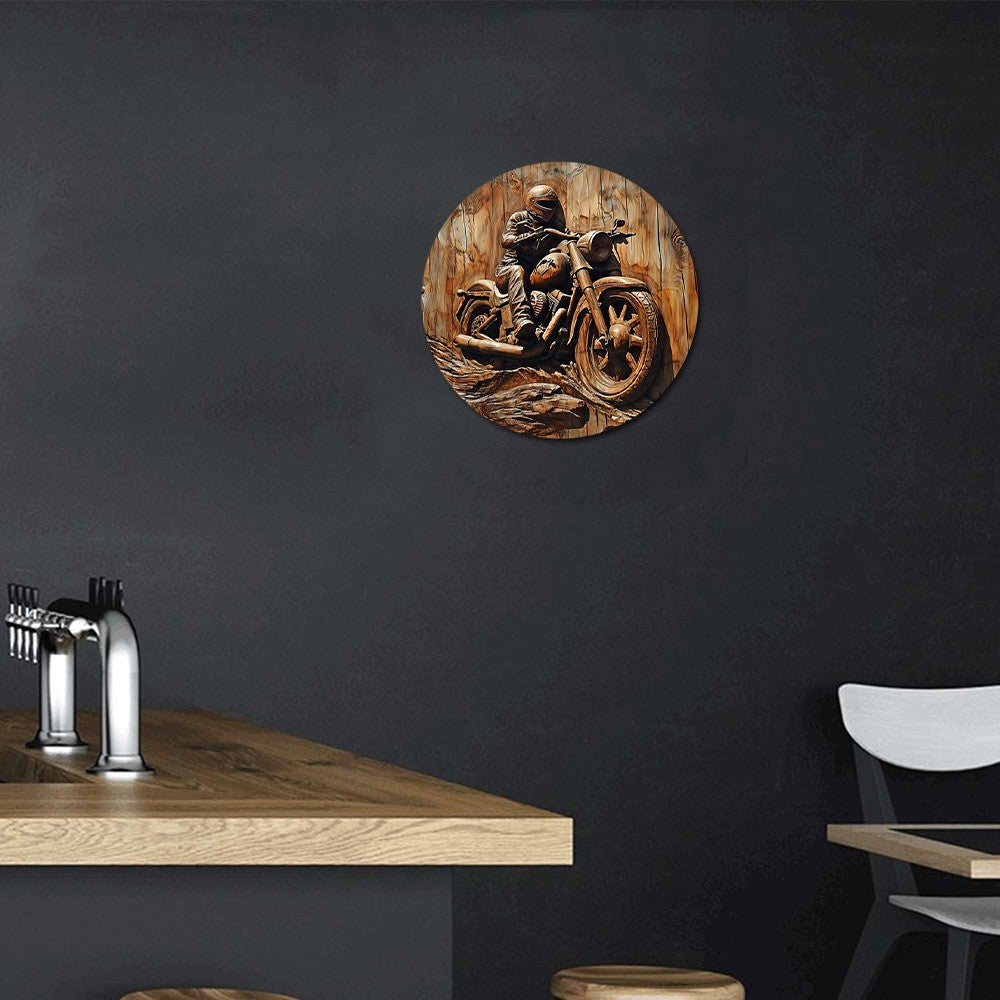 Round Metal Sign Faux Wooden Carved Painted Circular Wreath Sign Entrance Decoration Gifts Motorcycle Themed Decoration