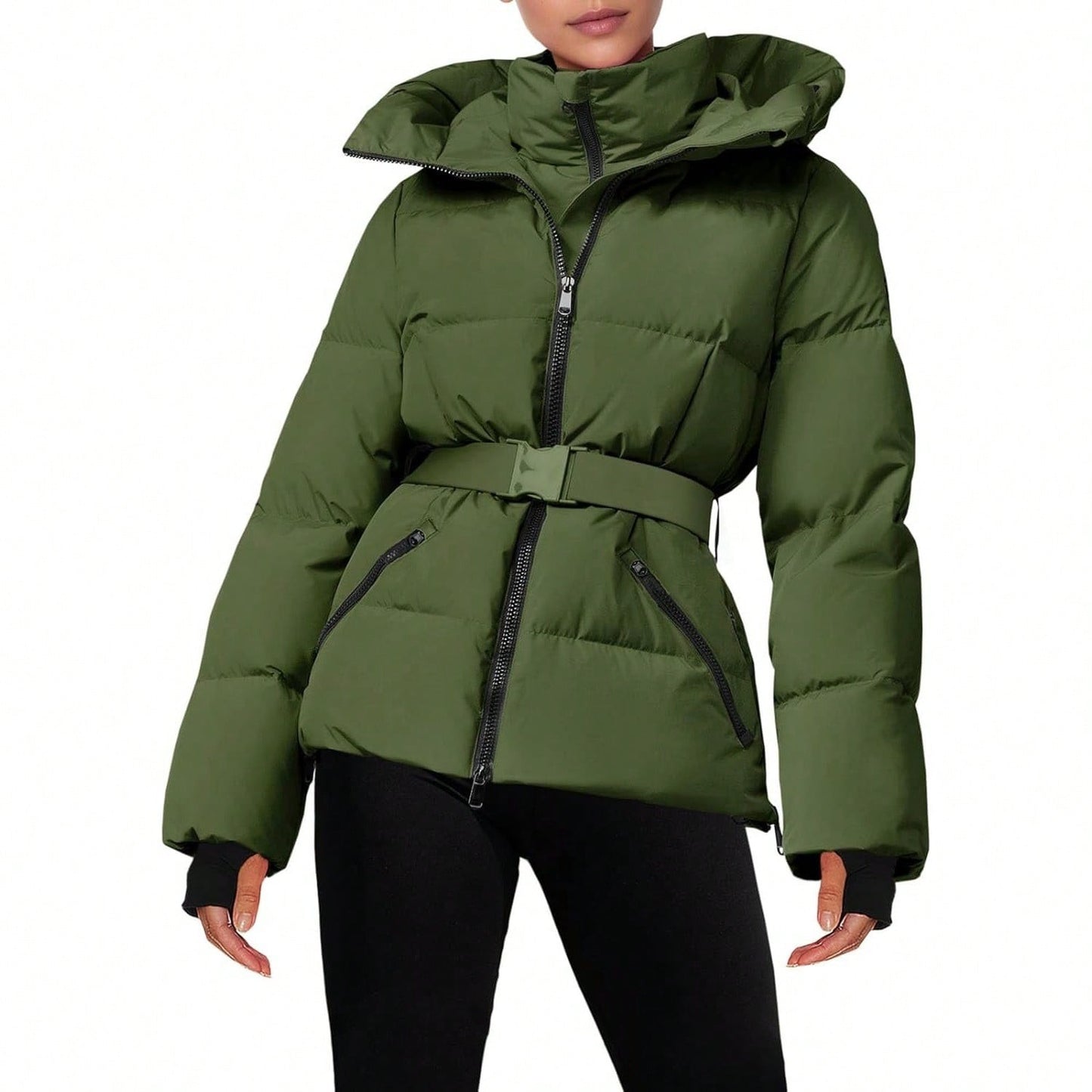 Fisoew women's Belted Puffer Jacket, Women's Waterproof Ski Coat With Hood, Quilted Winter Snowsuit Aesthetic