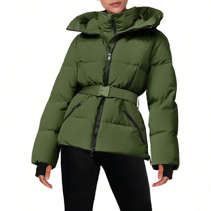 Fisoew women's Belted Puffer Jacket, Women's Waterproof Ski Coat With Hood, Quilted Winter Snowsuit Aesthetic
