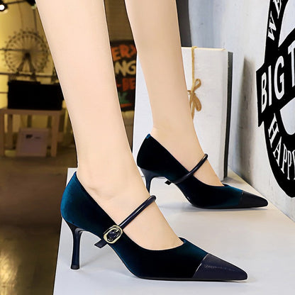 Korean Version Party 10cm 7cm High Heels Women Shoes Thin Heels Velvet Shallow Montage Pointed Toe Metal One-line Buckle Pumps