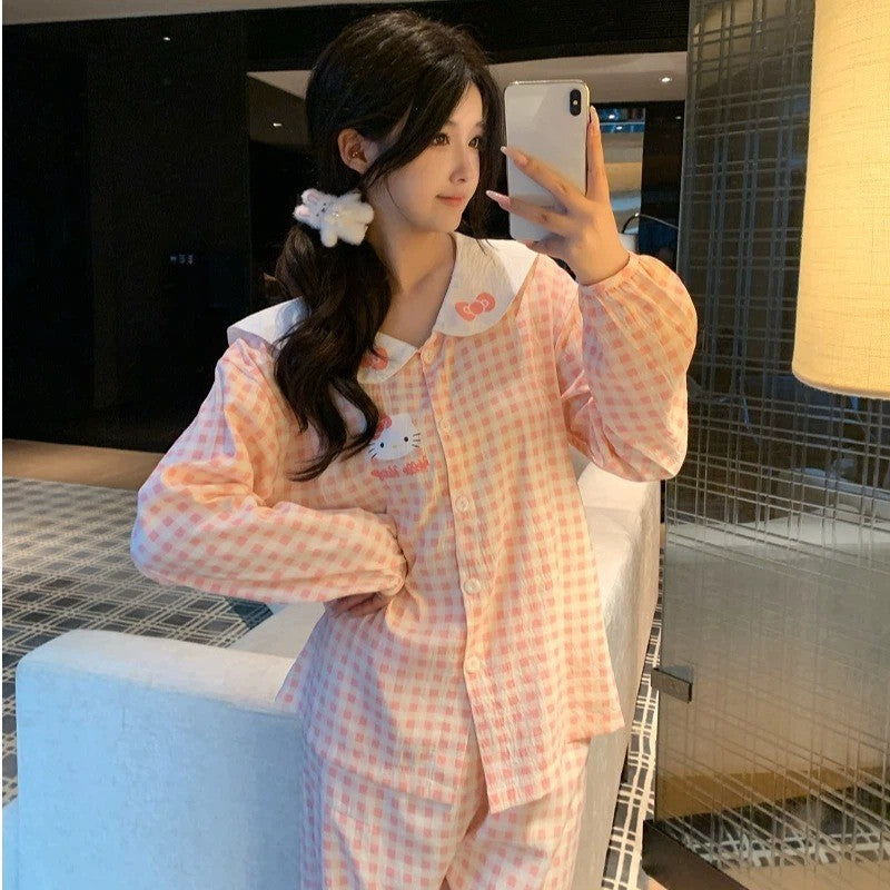 2pcs Sanrio Plus Size Pajamas Hello Kitty Kawaii Cartoon Women's Sleepwear Pajamas Sets Bow Cute Autumn Winter New Pajamas Set