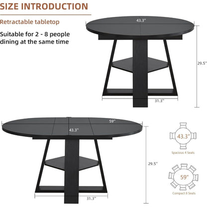 Mid Century Modern Extendable Dining Table Seats 4-8, Round & Oval with Hidden Leaves for Space-Saving