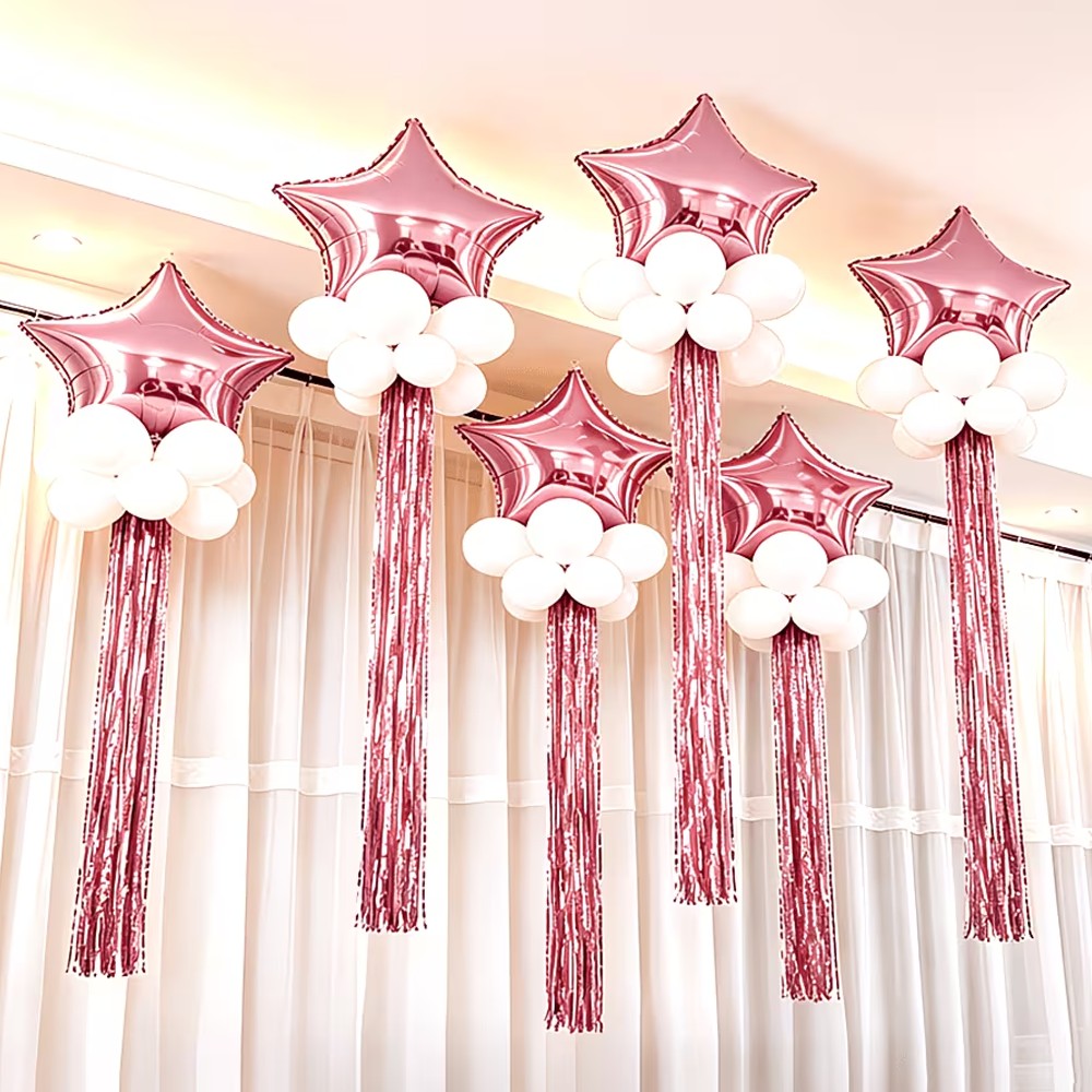 6pcs Pink Five-Pointed Star Balloon and Tassel Curtain Set, Suitable for Birthday Parties, Family Anniversaries, Engagement/Wedd