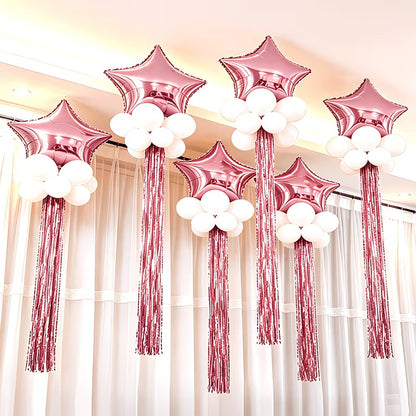 6pcs Pink Five-Pointed Star Balloon and Tassel Curtain Set, Suitable for Birthday Parties, Family Anniversaries, Engagement/Wedd