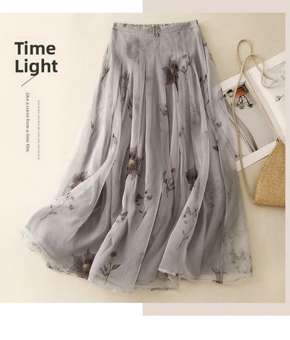 Retro Cotton Linen Double Layer High Waist Printed Skirt A-Line Summer Faionable Drifting Large Size Women's Skirts