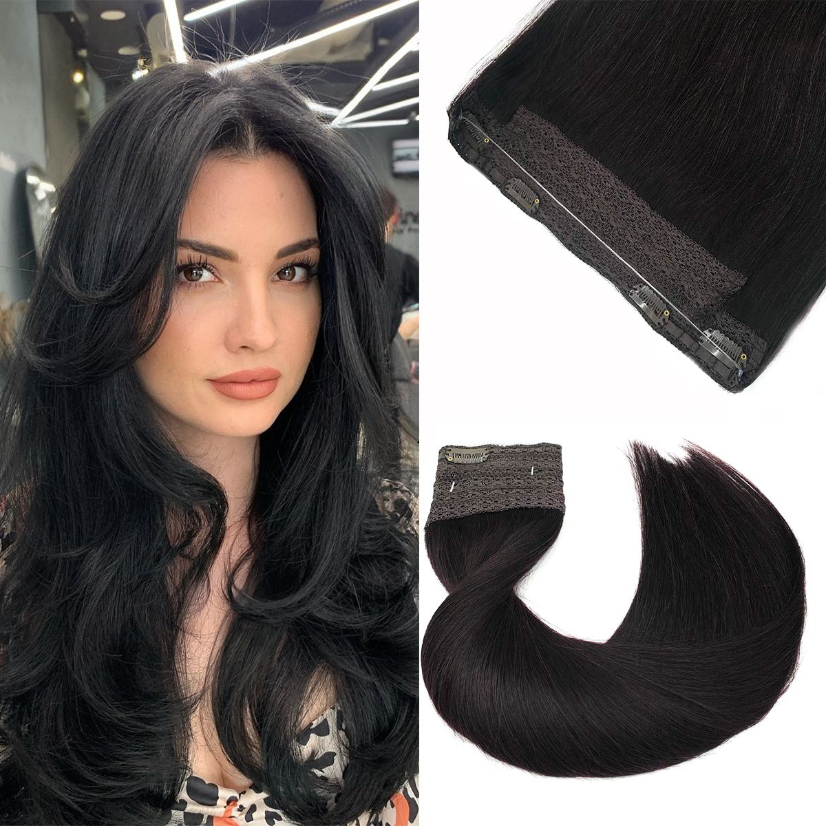 Cabelo Humano Liso de Extensão com Fio para Mega Hair, Linha de Pesca, Fusão Natural de Extensões de Cabelo com Clipes, Trama de Extensões para Mulheres