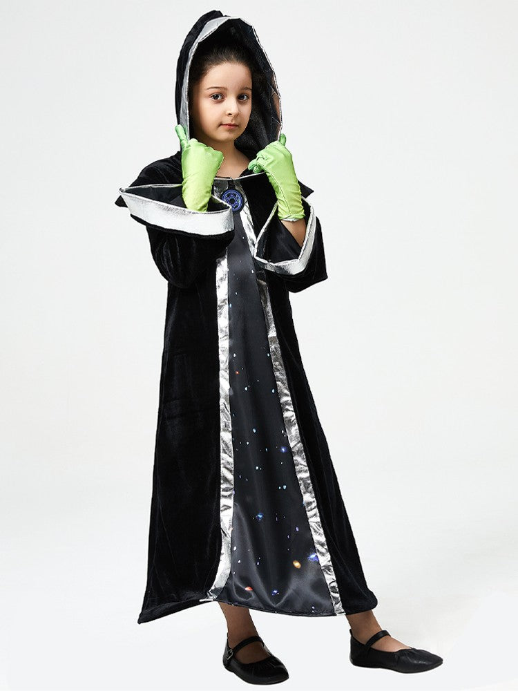 Adult Child Alien Wizard Cosplay Costume Starry Sky Hooded Cape Green Gloves Mesh Mask Perfect Halloween Parties Space Adventure