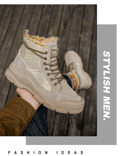 Winter Fleece Warm High-top Men's Shoes Trendy Casual Outdoor Solid Color Mid-top Fashionable Round Toe Plus-size Snow Boots