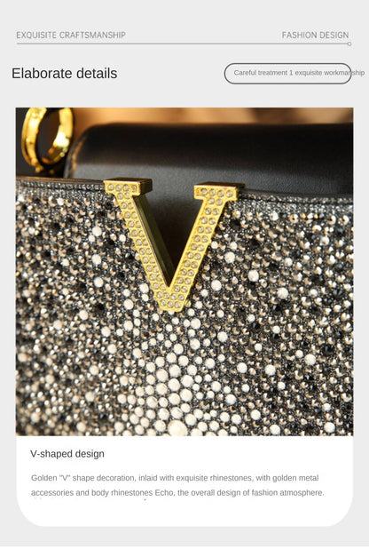 Luxury Fashion Diamonds Women's Handbags 2025 New V Letter Small Shoulder Crossbody Bag Genuine Leather Messenger Shell Bags