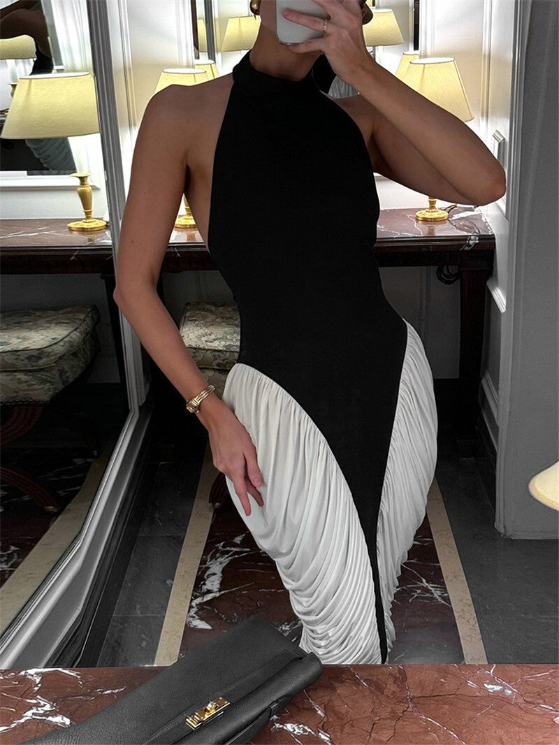 Mozision Patchwork Halter Backless Sexy Midi Dress Women Gown Elegant Fashion Co