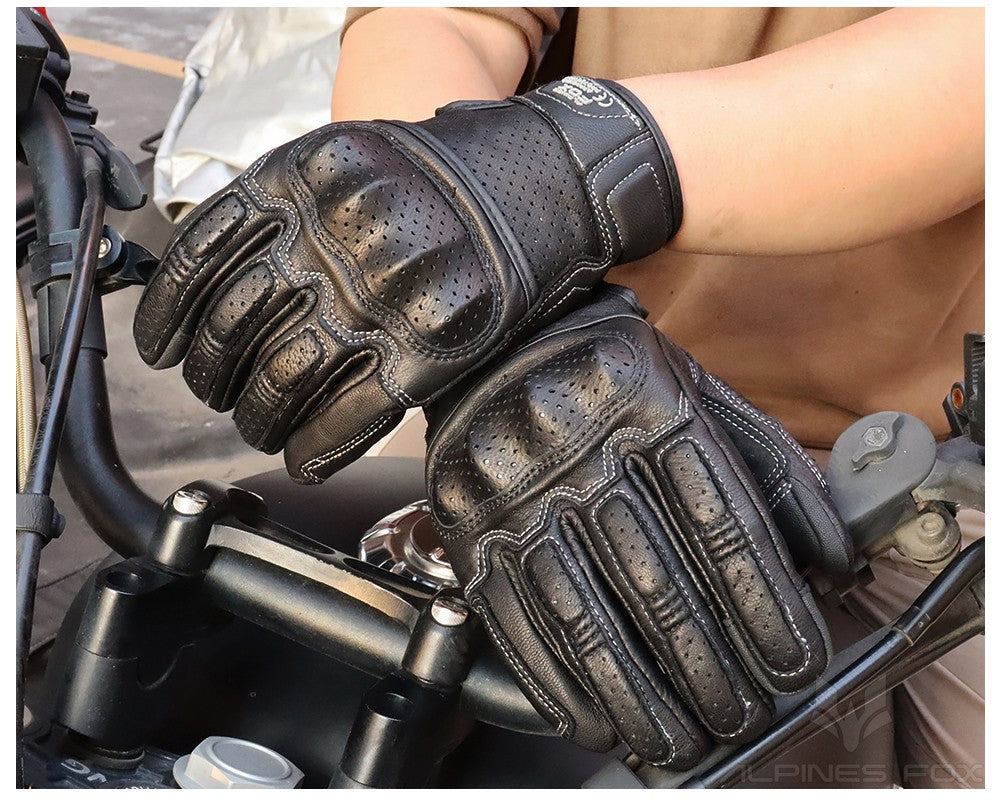 Luvas de Couro Perfurado Retrô de Verão para Motocicleta Masculino Feminino Luvas de Dedo Completo para Motocross Motoqueiro Guantes Moto Equipamento M-XXL