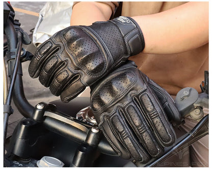 Luvas de Couro Perfurado Retrô de Verão para Motocicleta Masculino Feminino Luvas de Dedo Completo para Motocross Motoqueiro Guantes Moto Equipamento M-XXL