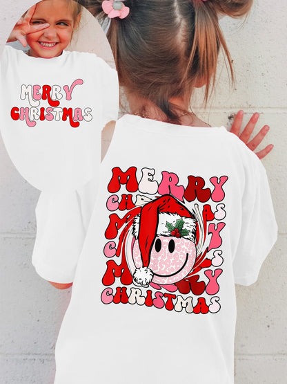 Camiseta Menina de Natal Feliz Natal Roupa Infantil de Férias Algodão Tee Top Roupa Festiva Infantil Roupa de Festa de Natal para Menina