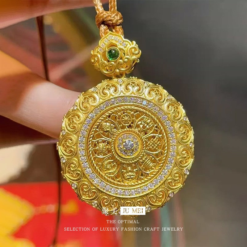 Gold shop 9999 24K real gold Chinese large rotating filigree Ruyi dot diamond eight treasure compass pendant weaving rope