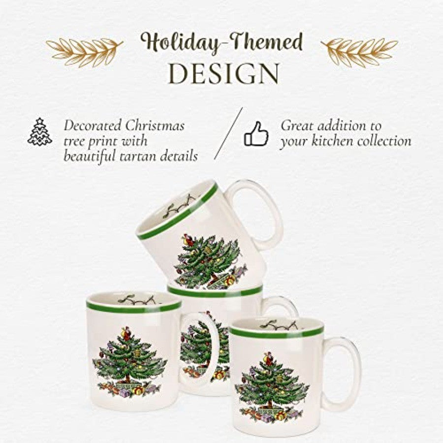 Christmas Tree 16-Piece Tartan Dinnerware Set (Service for 4) - Festive Holiday Tableware Collection with Plates, Bowls, Mugs -