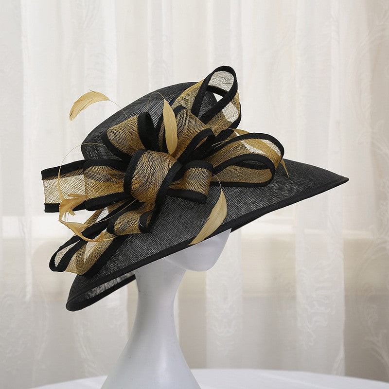 Chapéu de sol de aba grande com design de padrão de fio de cânhamo duplo, acessórios de pena, elegante chapéu de banquete, chapéu de praia para casamento ou férias, chapéu equestre