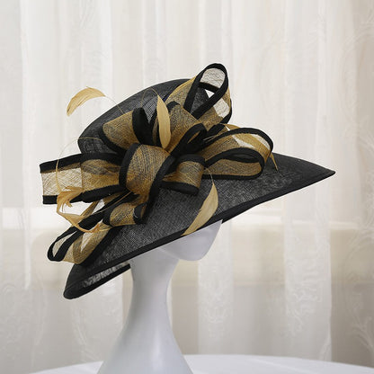 Chapéu de sol de aba grande com design de padrão de fio de cânhamo duplo, acessórios de pena, elegante chapéu de banquete, chapéu de praia para casamento ou férias, chapéu equestre