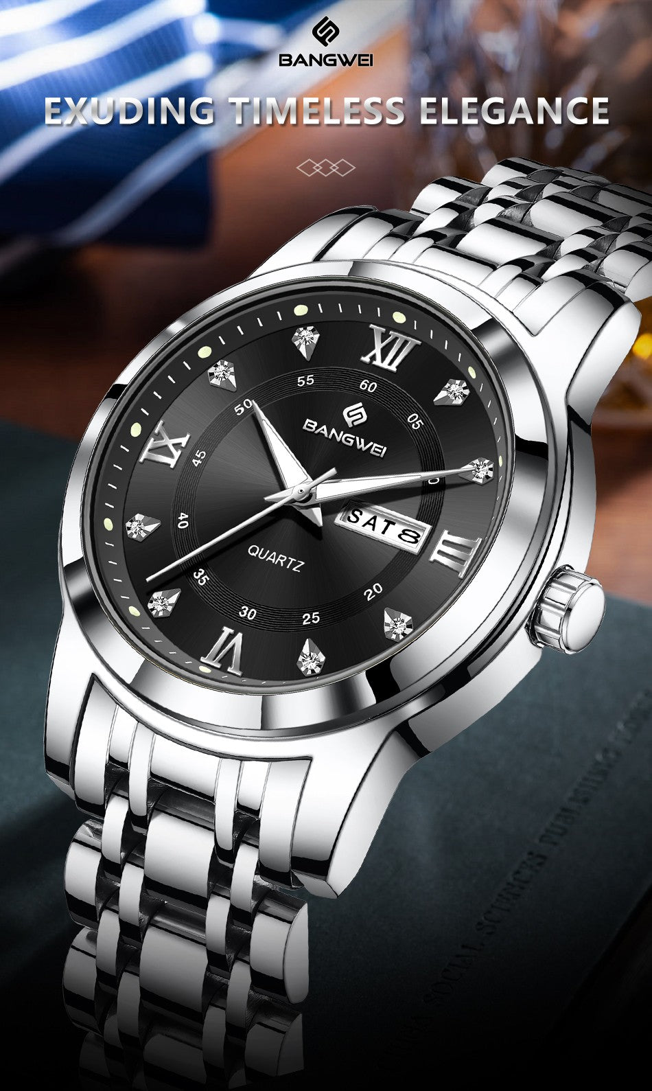 LIGE Brand BANGWEI Quartz Man Watch Fashion Stainless Steel Band Business Luxury Diamond Waterproof Calendar Watches for Men+Box