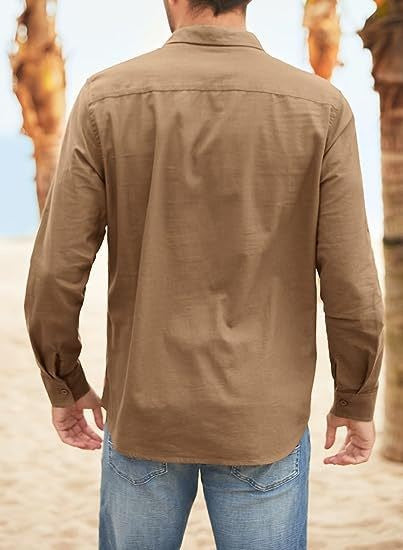 Business Men's Single-breasted Shirt Double Pocket Cotton Linen Long-sleeved Shirt Casual Vacation Shirt
