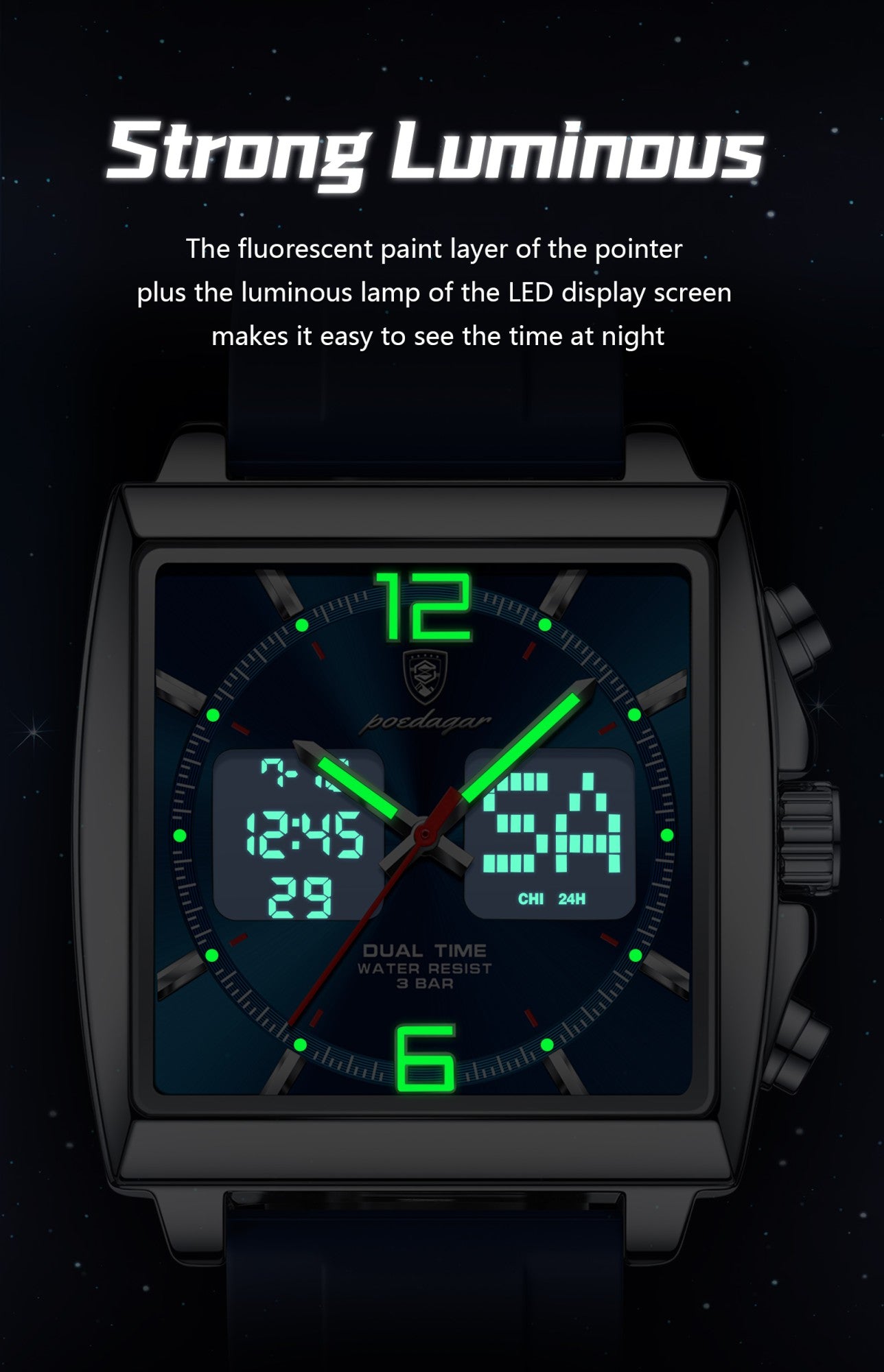 POEDAGAR Luxury Top Man Watch Electronic Square LED Alarm Chronograph Men's Watches Week Date Dual Time Display Men Quartz Clock