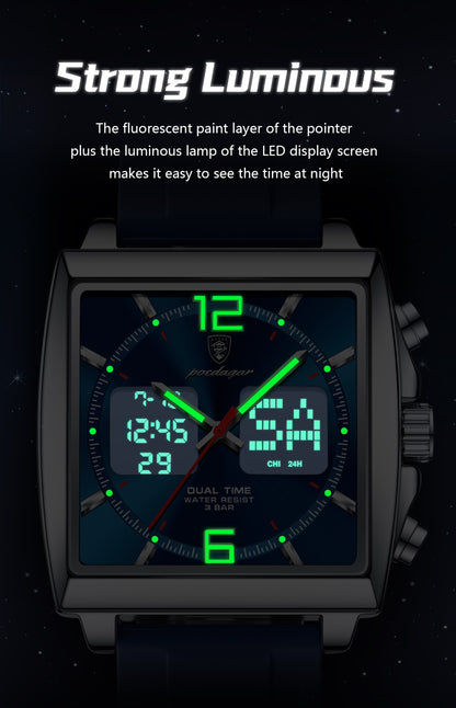 POEDAGAR Luxury Top Man Watch Electronic Square LED Alarm Chronograph Men's Watches Week Date Dual Time Display Men Quartz Clock